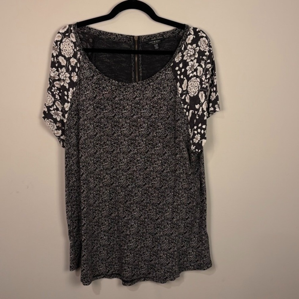 Lucky Brand Womens Black White Floral Raglan Sleeve Short Sleeve Blouse sz 2X